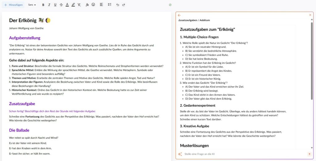 Gedichtsanalyse mit Zusatzaufgaben erstellt mit der Teachino KI
