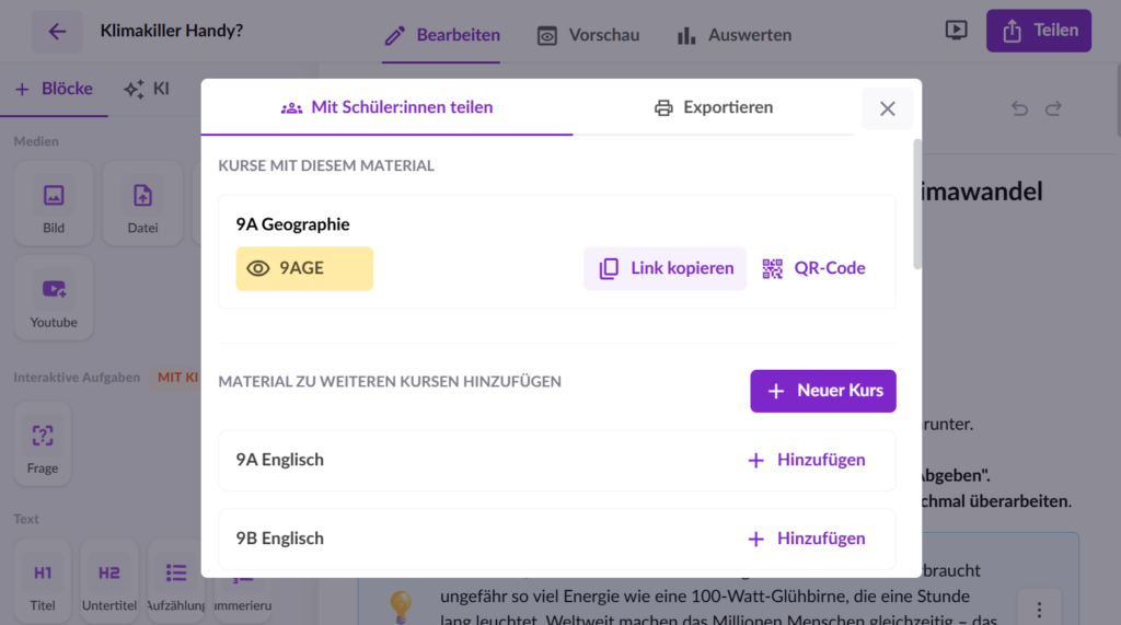Dialog: Teilen mit Schüler:innen