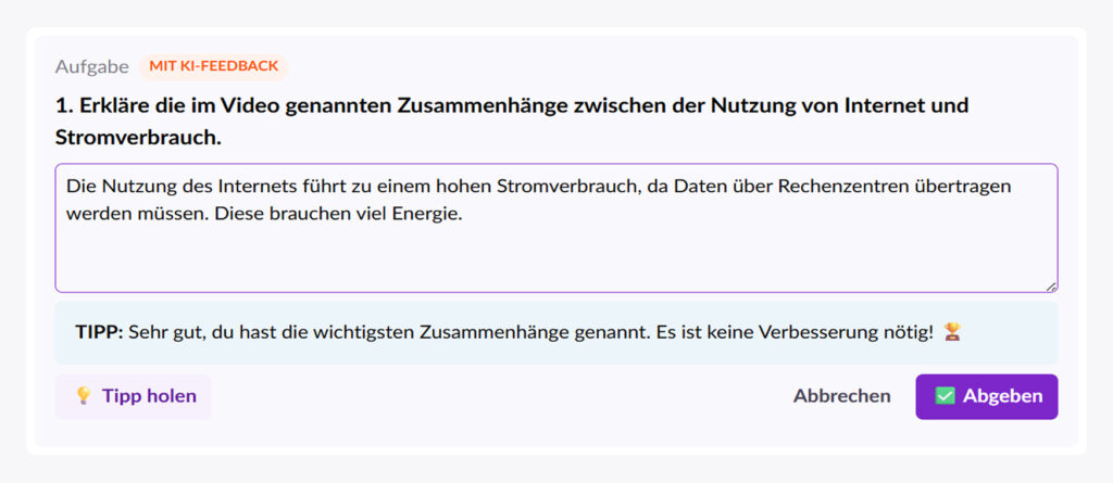 Dialog in Teachino: interaktive Aufgaben mit einem personalisierten Tipp der KI