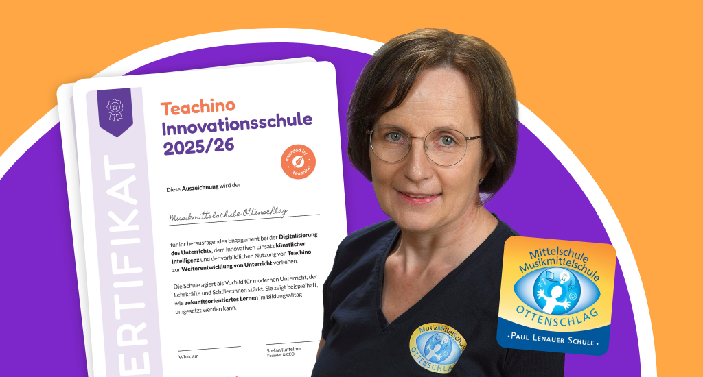 Maria Eckl mit ihrer Auszeichnung zur Teachino Innovationsschule