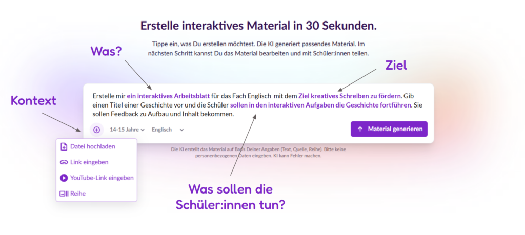 Prompteingabe in Teachino mit einem Beispielprompt