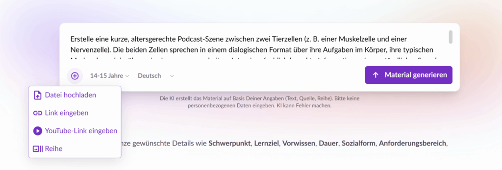 Prompt Eingabe in Teachino mit einem Beispielprompt und der Option Quellen hinzuzufügen