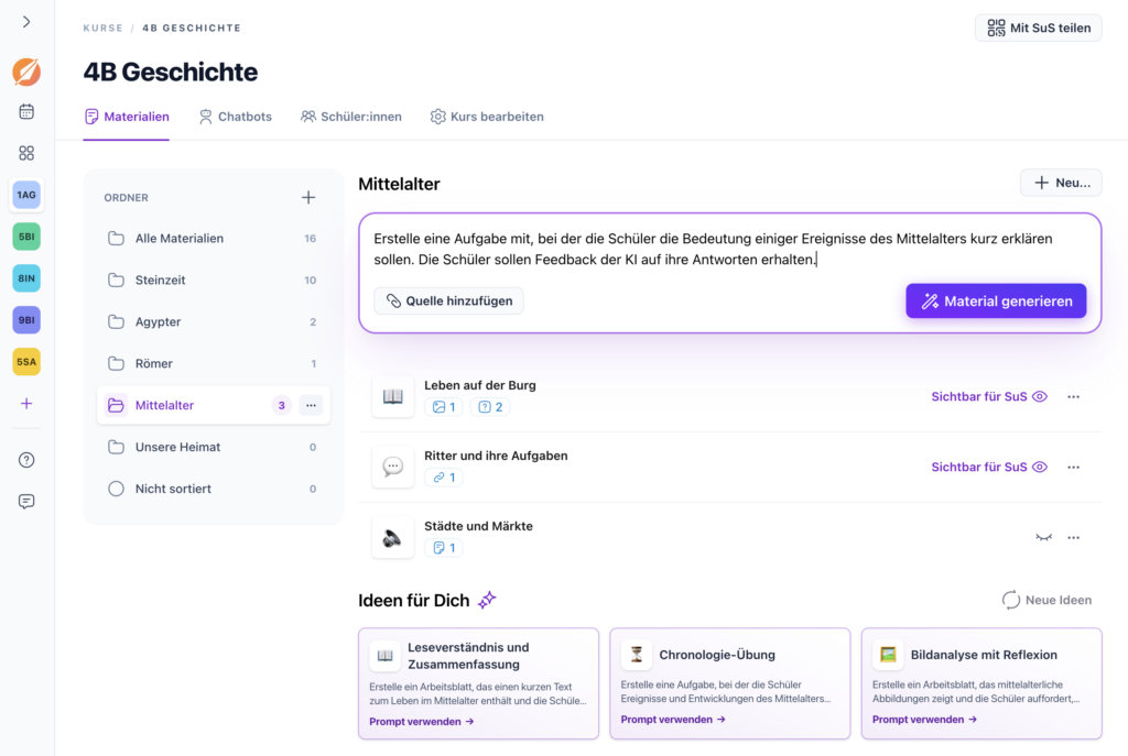 Ein Kurs in Teachino mit mehreren Materialien und KI-Unterstützung