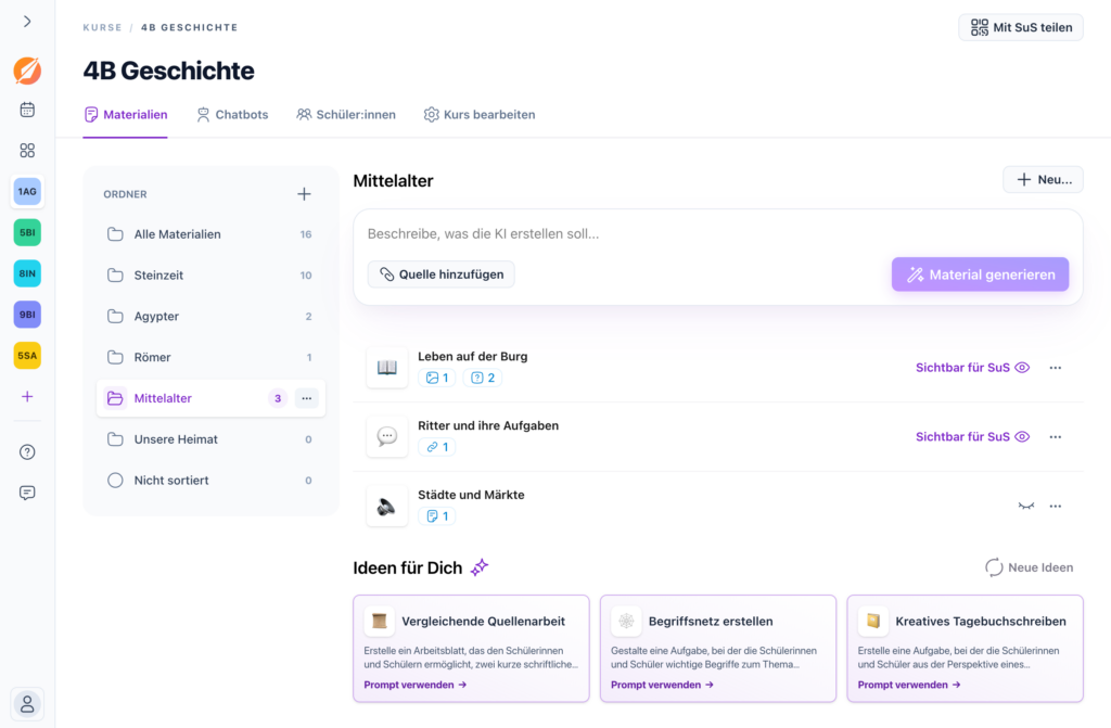 Ein Kurs in Teachino mit mehreren Materialien und KI-Unterstützung