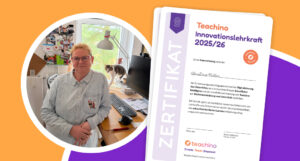 Christiane Wallor mit seiner Auszeichnung zur Teachino Innovationsschule