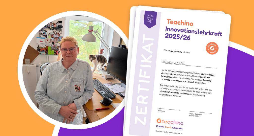 Christiane Wallor mit seiner Auszeichnung zur Teachino Innovationsschule