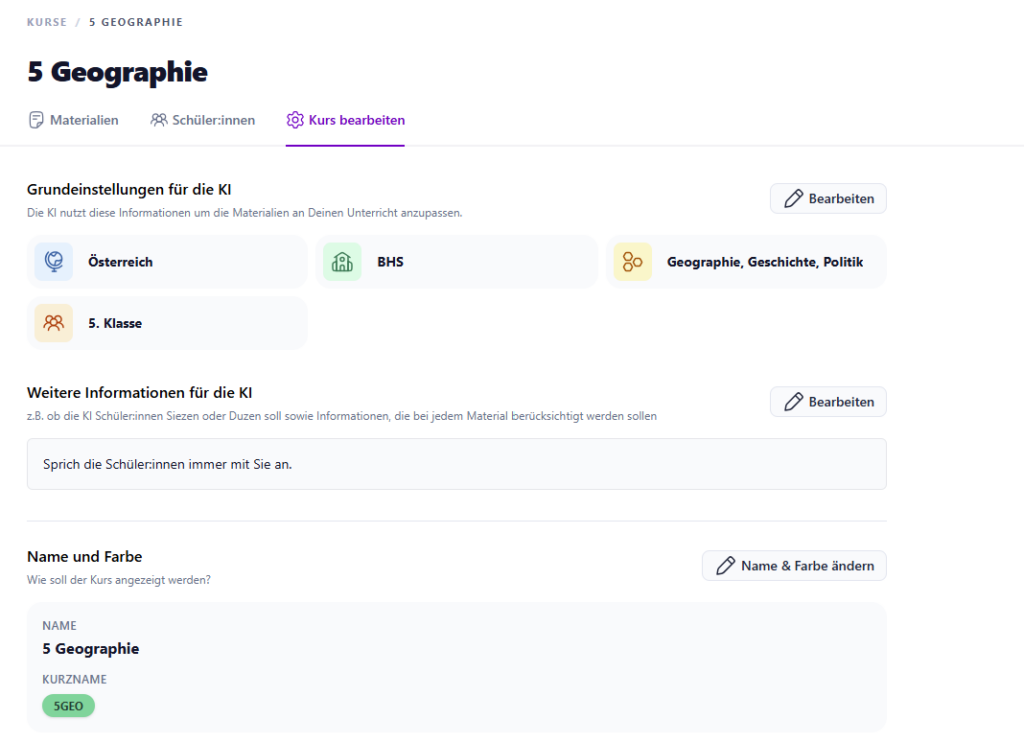 Detaillierte Kurseisntellungen Teachino