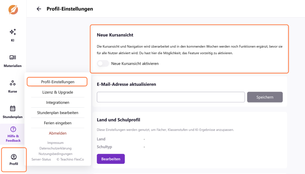 Profileinstellungen: auf die neue Ansicht wechseln
